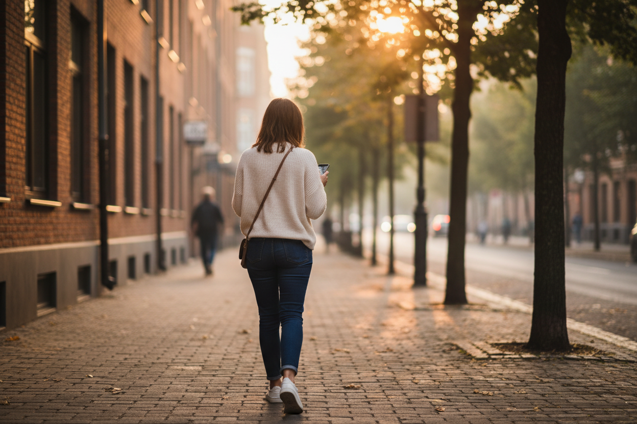 Woman walking away on phone - natural evening scene
